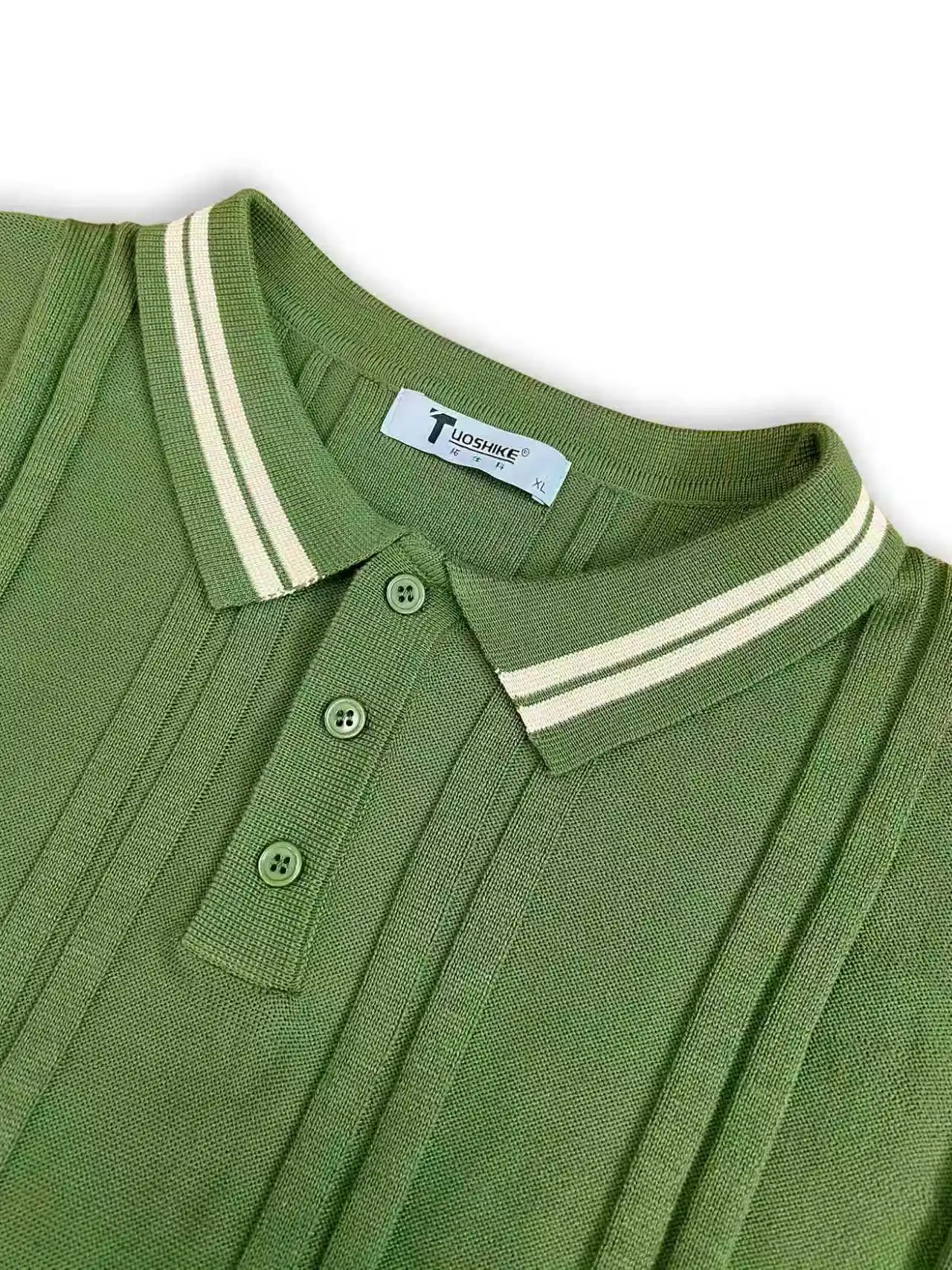 Men's casual lapel knitted POLO shirt short sleeve regular fit green cuff hem rib contrast business outdoor golf daily fashion classic men's Polo shirt retro stripe button knitted golf shirt top new style - view 3