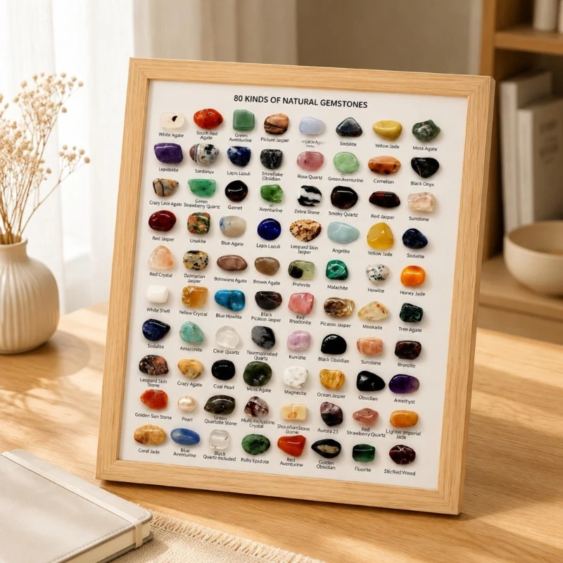 Desk Display Mineral Collection Set with 80 Named Natural Minerals, Mounted Board for Learning Reference, Shelf Display and