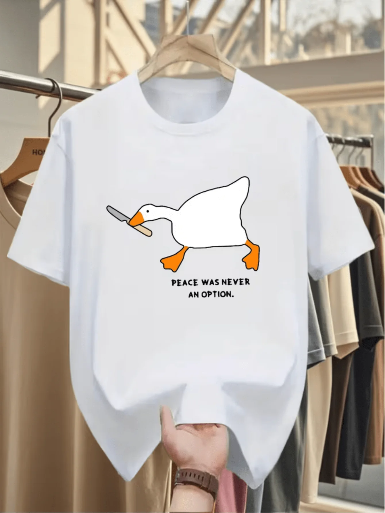 Goose With Knife Meme Graphic Mens T Shirt Peace Was Never An Option Animal Art Short Sleeve Crew Neck Cotton Tee Casual Top