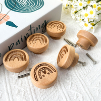 6Pcs Beech Wood Engraved Boho Rainbow Dresser Knob Kitchen Cabinet pulls Single Hole Drawer Knobs Furniture Handle
