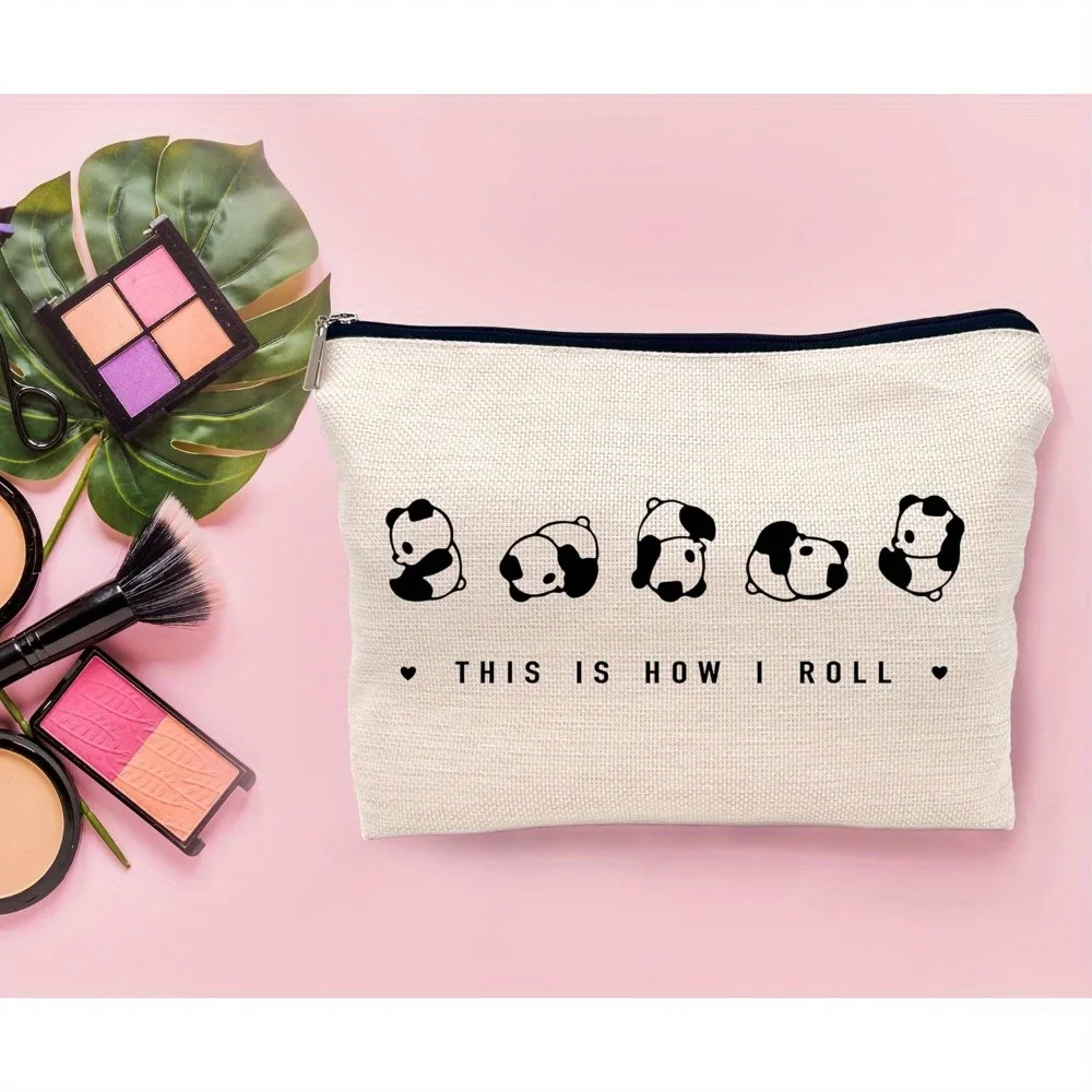 1 Piece Cute Panda Rolling Design Makeup Bag - Multifunctional Zipper Pouch for Women, Perfect Travel Zipper Storage Bag, Fun Birthday Gift