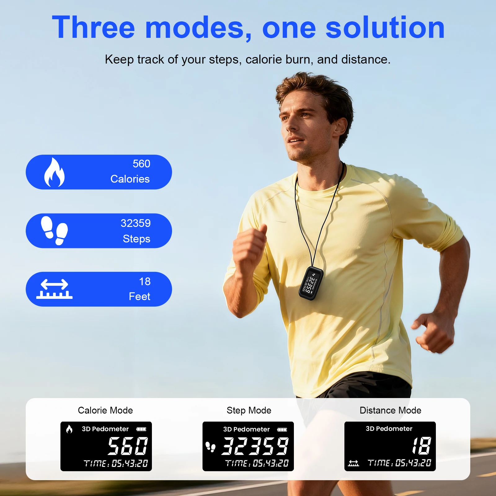 3D Tri-Axis Pedometer Step Counter Step Calorie Distance Tracker With Clip & Lanyard For Sports Running