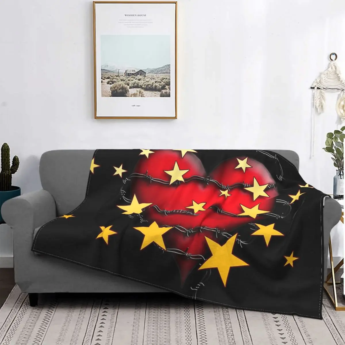 Barbed Wire Heart And Stars Blanket Flannel Spring Autumn Multifunction Super Warm Throw Blanket for Home Couch Rug Piece