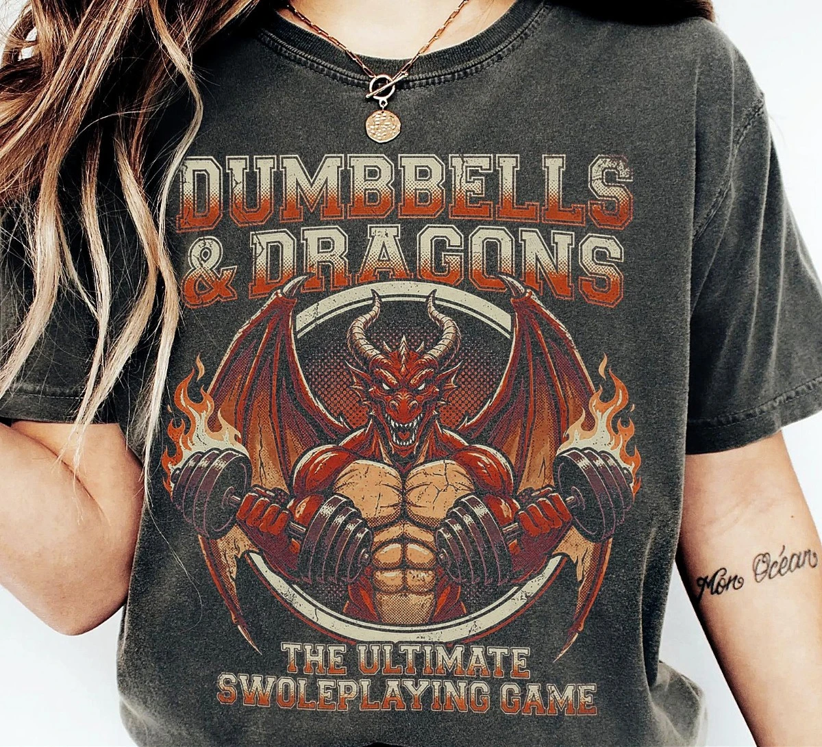 Dumbbell and Dragon T-shirt | Dungeons and Dragons Gym Funny Printed Pattern T-shirt Daily Casual T-shirt