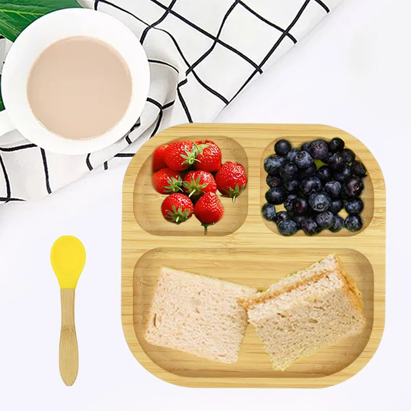 Baby Bambus Saugnapf Gabel & Löffel Set Rutschfestes Besteck Kinderfütterungstablett BPA-frei