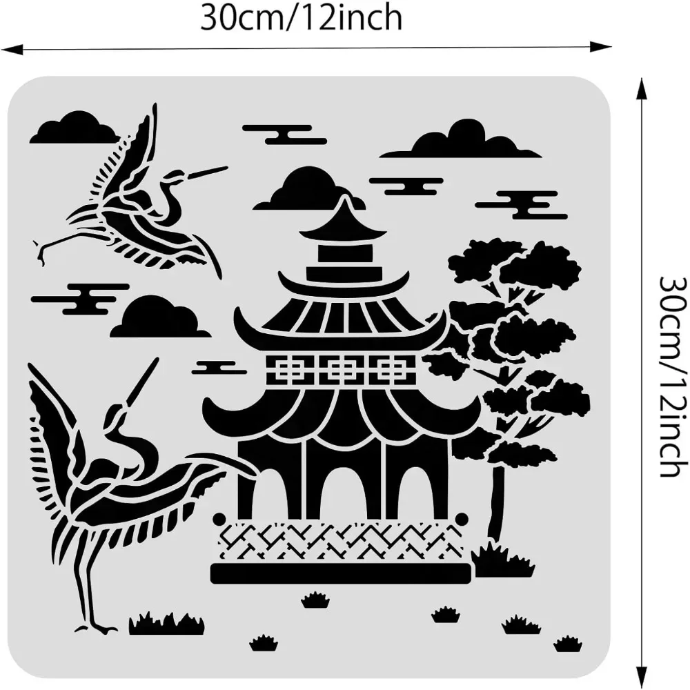 12x12inch Oriental Theme Plastic Painting Templates, Pagoda Crane Pattern Drawing Stencils for Scrapbook Decoration DIY Crafts