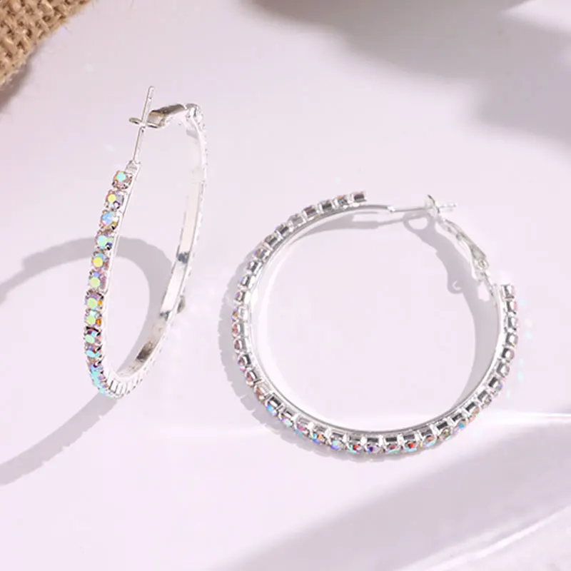 Laser Zircon Rhinestone C Shaped Hoop Earrings for Women Girl Trendy Exaggerate Shining Punk Luxury Wedding Party Accessories