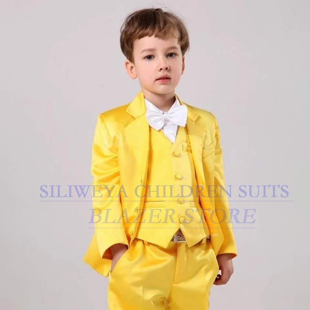 

Модные желтые детские костюмы, комплект из трех предметов, куртка, брюки, жилет, роскошная однобортная одежда с лацканами и вырезом для малышей, наряды на заказ