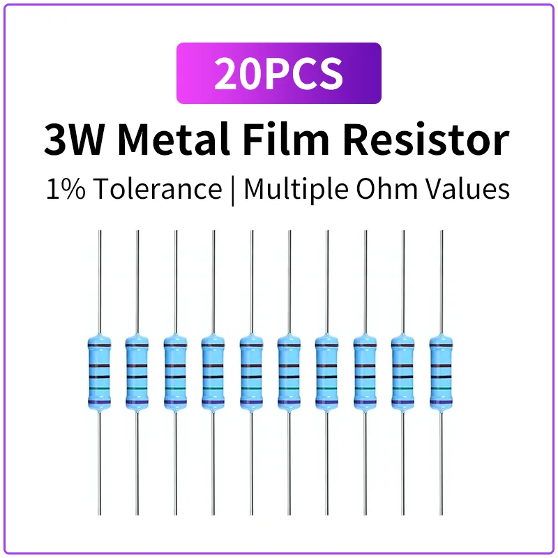 20PCS 3W Metal Film Resistor 1% 0.1Ω-1MΩ Precision Fixed Ohm Assorted Pack for Electronic DIY Circuit Projects