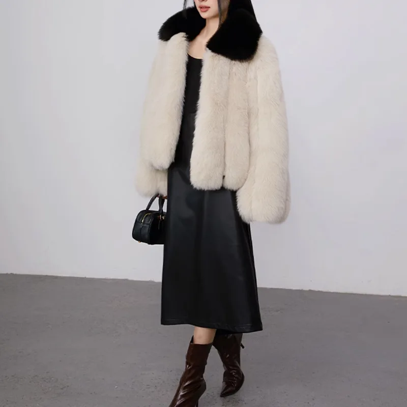 Luxury Fur Lapel Winter Design Patchwork Lapel Fur Coat Women Fashion Thick Warm Faux Fur Plush Coat Fluffy Soft Jacket New Chic
