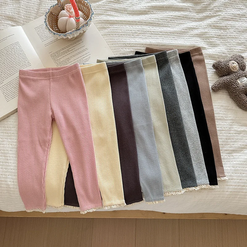 

Ins, осенние детские леггинсы для девочек, хлопковые кружевные колготки для маленьких девочек, повседневные эластичные узкие брюки-клеш для маленьких девочек