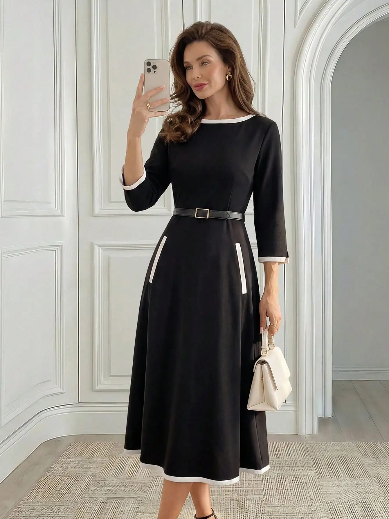 

Black & White Color Block Round Neck 3/4 Sleeve Midi Dress with Belt