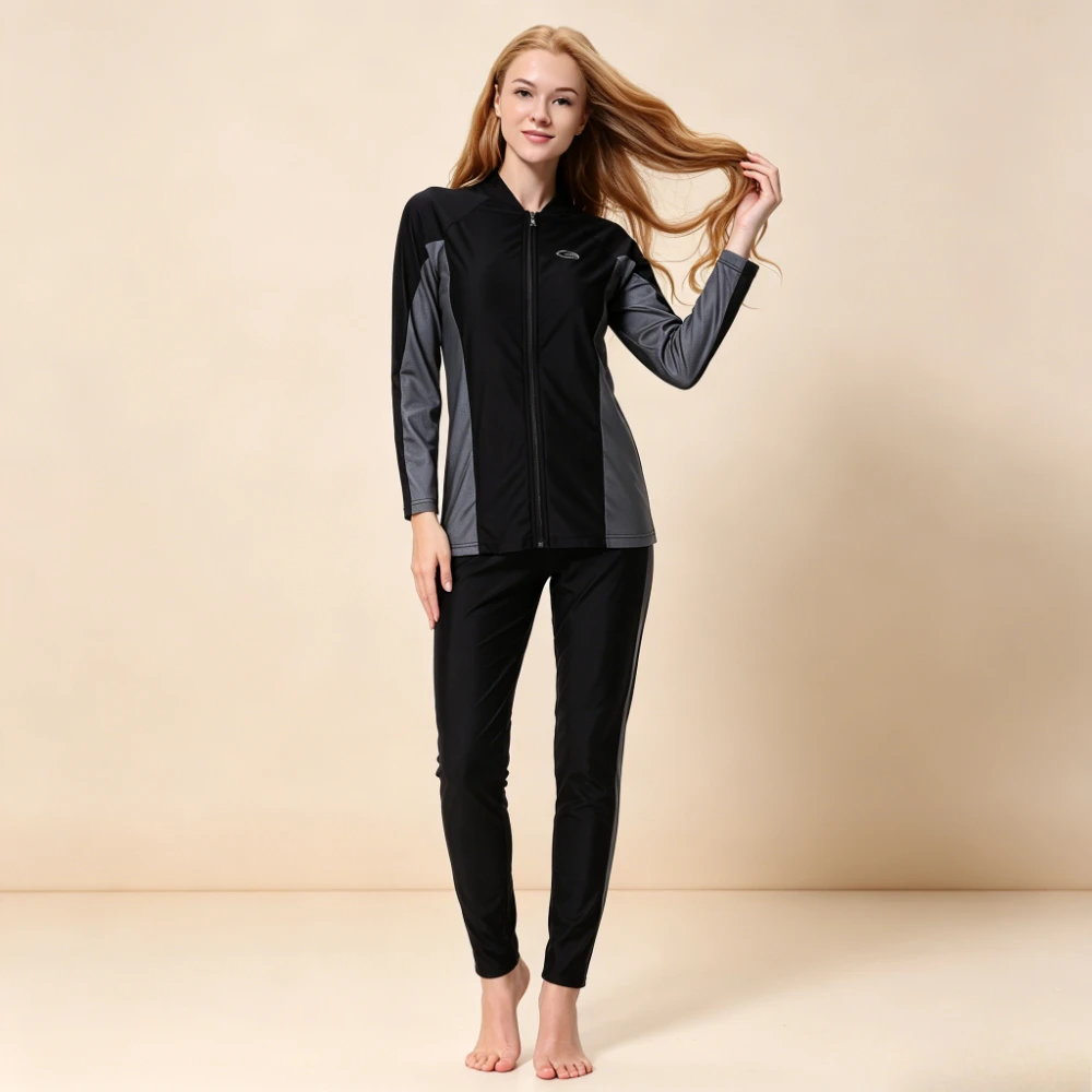 3PCS Color Block Burkini Swimwear Long Sleeve Full Zip Rash Guard Full Length Pants with Cap UPF50+ Muslim Bathing Suit 3 Colors