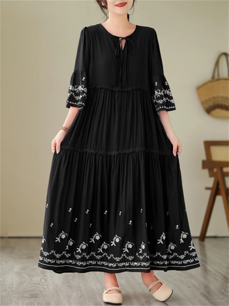 Cotton Embroidery Vintage Dresses For Women 2025 New Summer Casual Loose Long Dress Femme Robe Office Lady Work Elegant Clothing