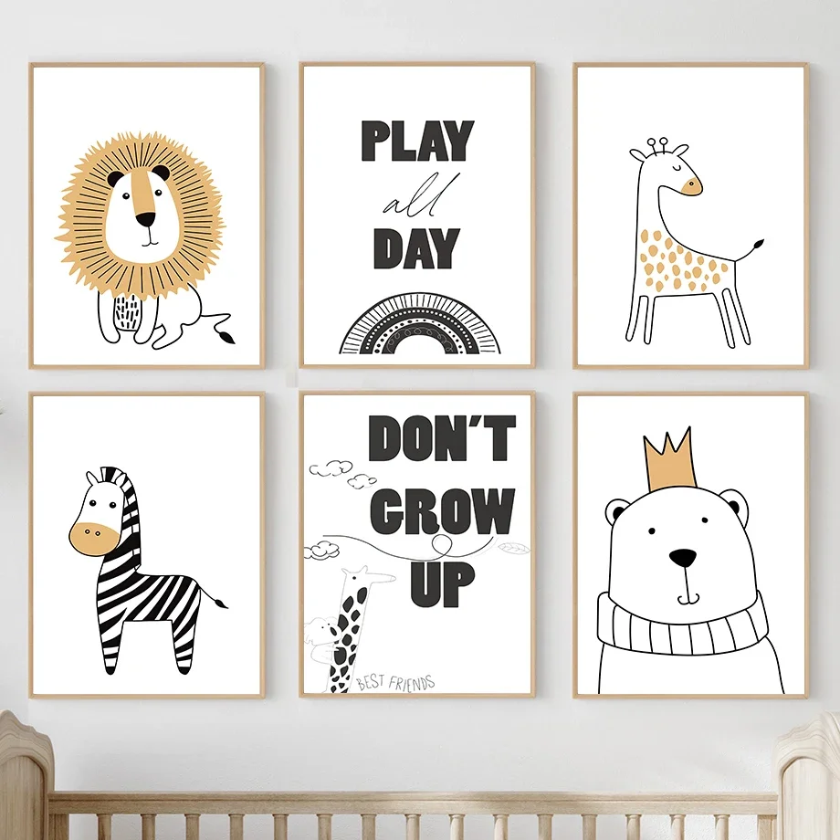 Wall Art Canvas Painting Cartoon Crown Bear Lion Zebra Kids Room Decoration Posters And Prints Boy Girl Bedroom Wall Pictures