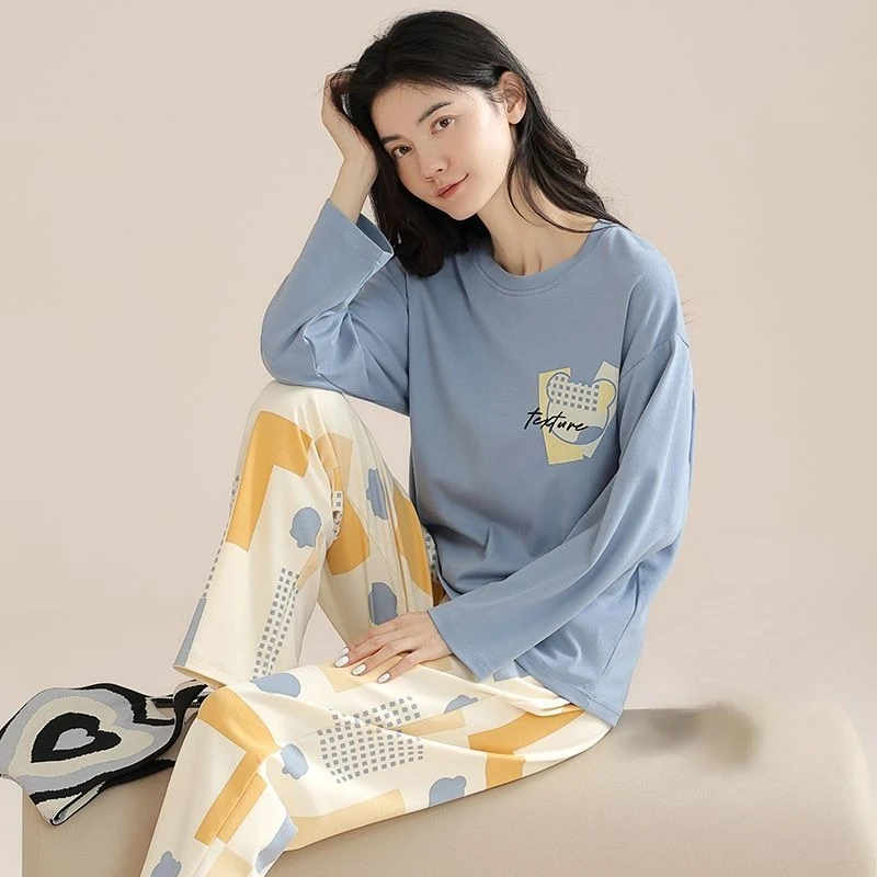 

2024 New Pure Cotton Pajamas Women Spring Autumn Long Sleeved Casual Slimming Homewear Set Large Size Round Collar Loungewear