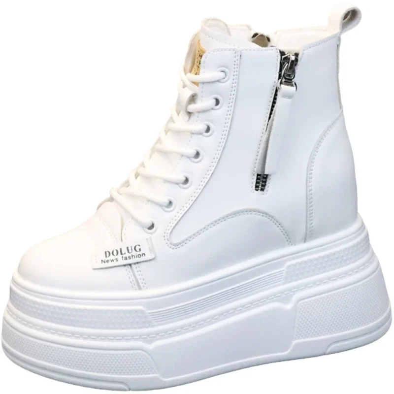 

2025 Women Height Increasing Boots Sneakers Leather Wedges Shoes Super High Heels Ankle Booties Thick Sole Platform 10 12CM Boot