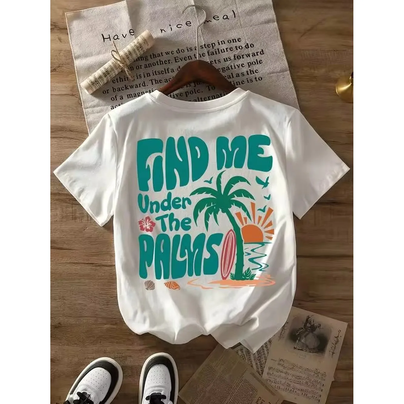 Women's Tropical Print T-Shirt- Top With Turquoise 