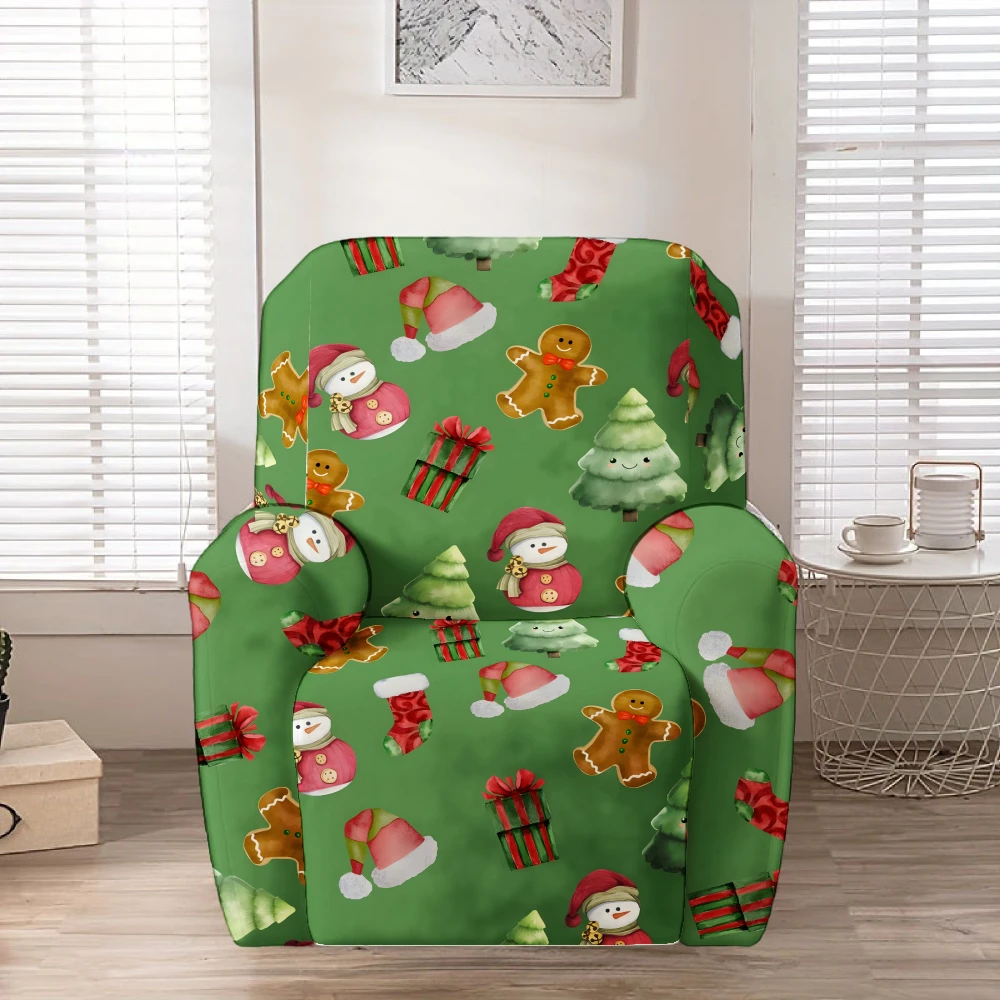 Dark Green Cartoon Gingerbread Man Snowman Gift Print Stretch Recliner Chair Cover, Washable Full Wrap Lazy Sofa Slipcover