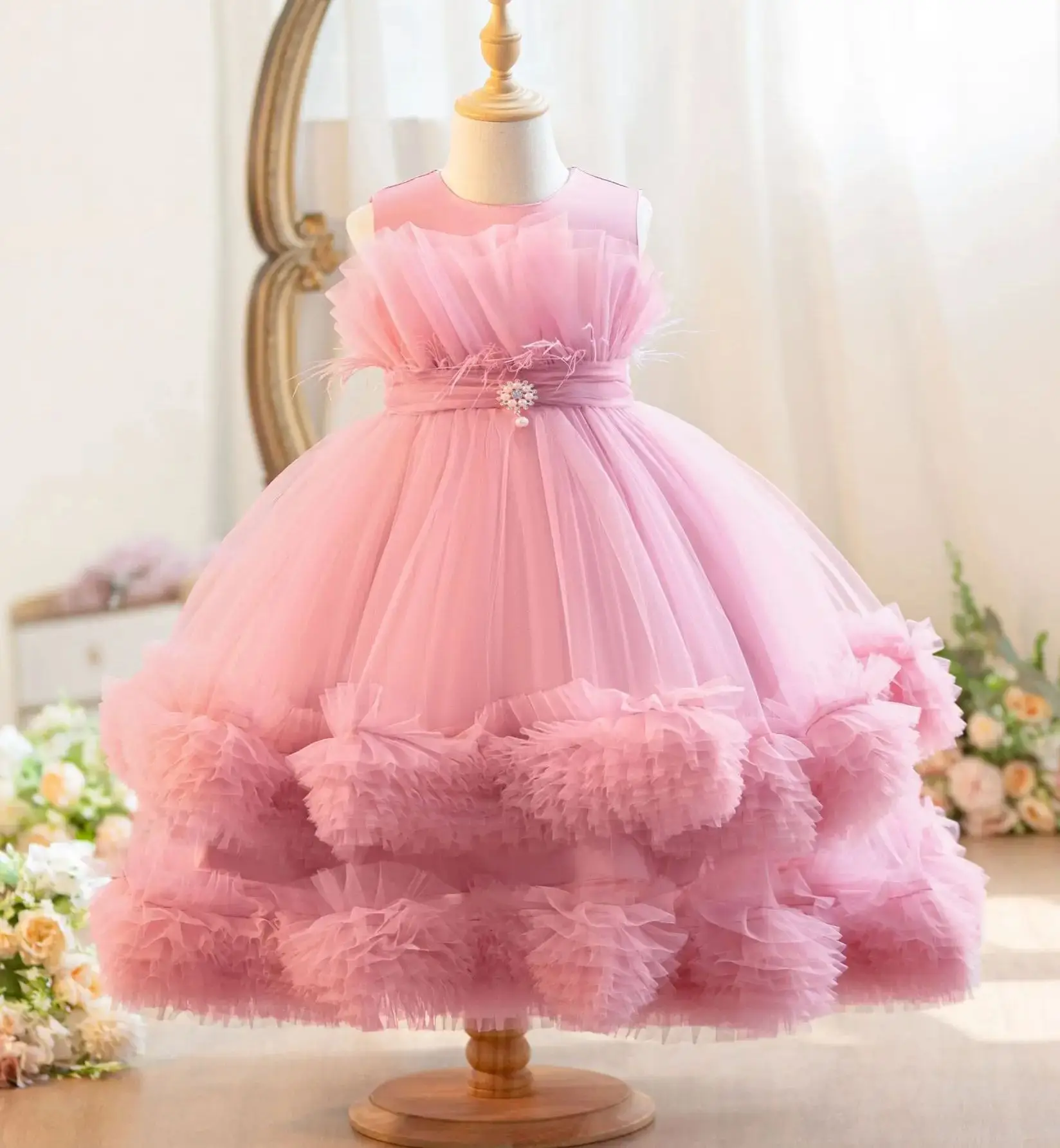 Sukienka dla dziewczynki na wesele, tiulowa, warstwowa, księżniczka, biała odzież dziecięca