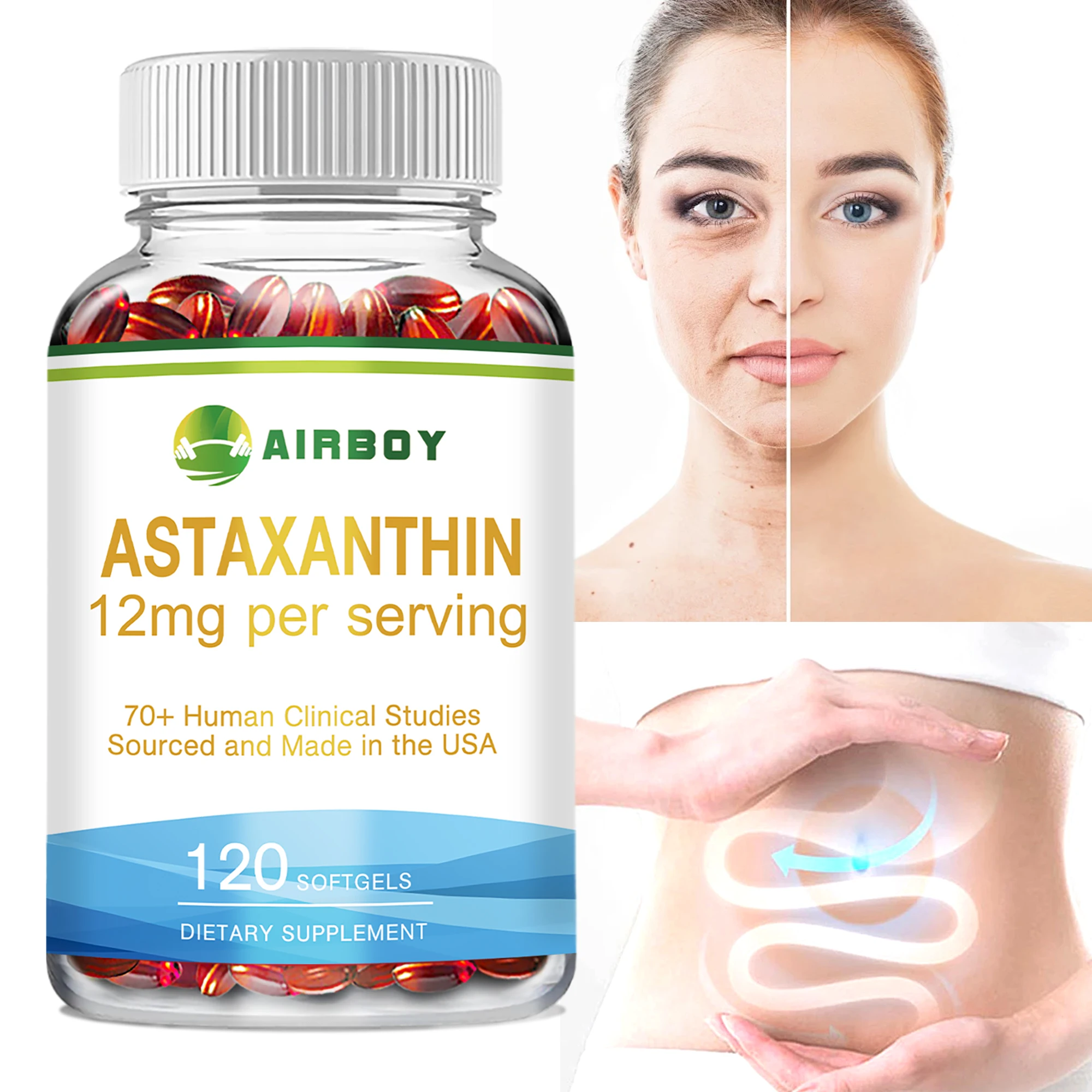

Astaxanthin 12mg Capsules - Protects Brain Cognition and Accelerates Metabolism - Protects Eye, Joint, and Skin Health