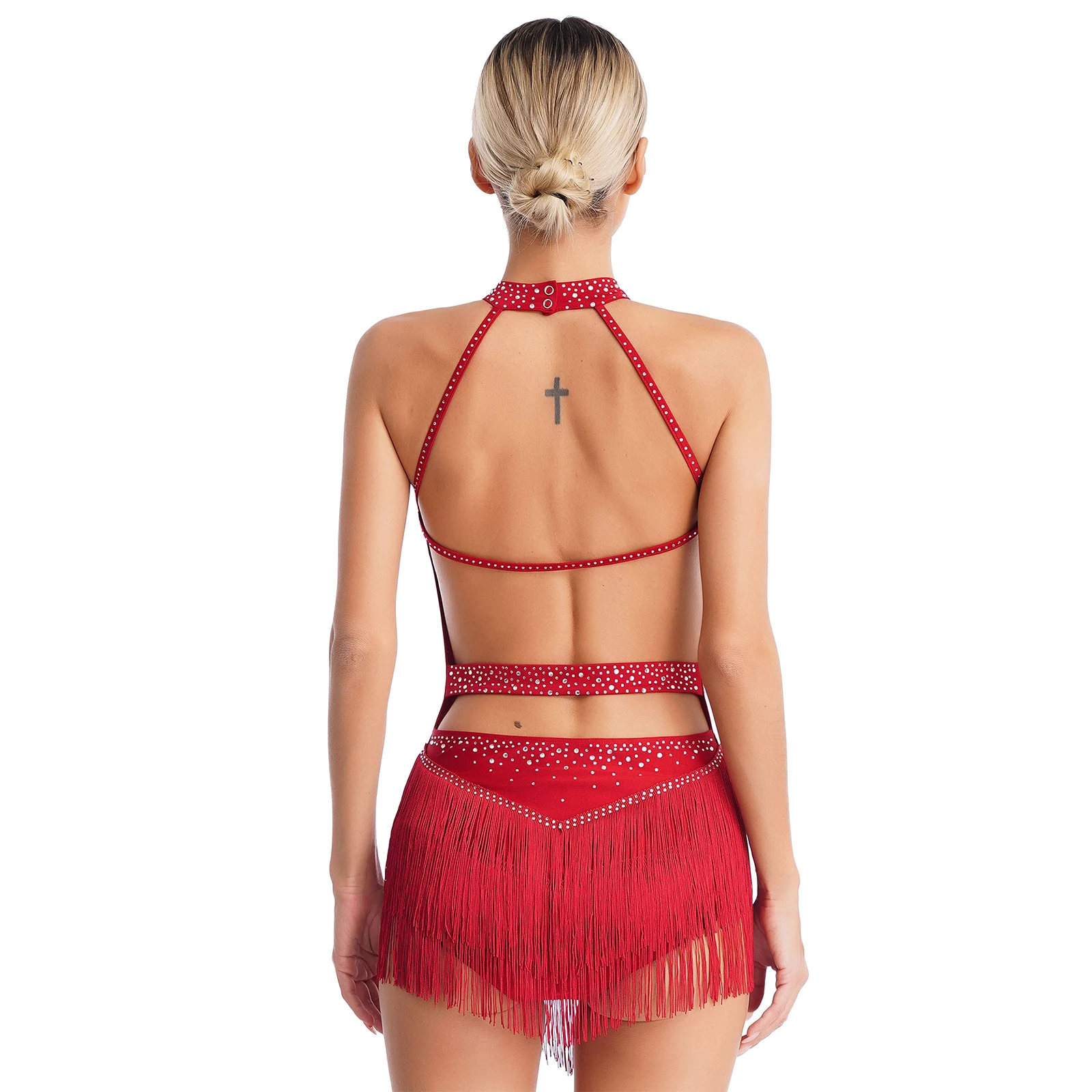 Women Latin Dance Dress Rhinestones Tassel Leotard Halter Sleeveless Backless Fringe Bodysuit Ballroom Tango Salsa Dance Costume