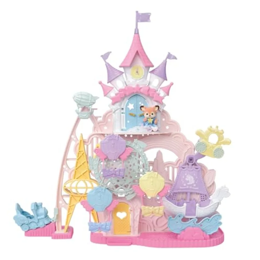 

Baby Dream Amusement Park dollhouse playset with 1 collectible doll figure, wooden construction, pastel pink and blue, foldable