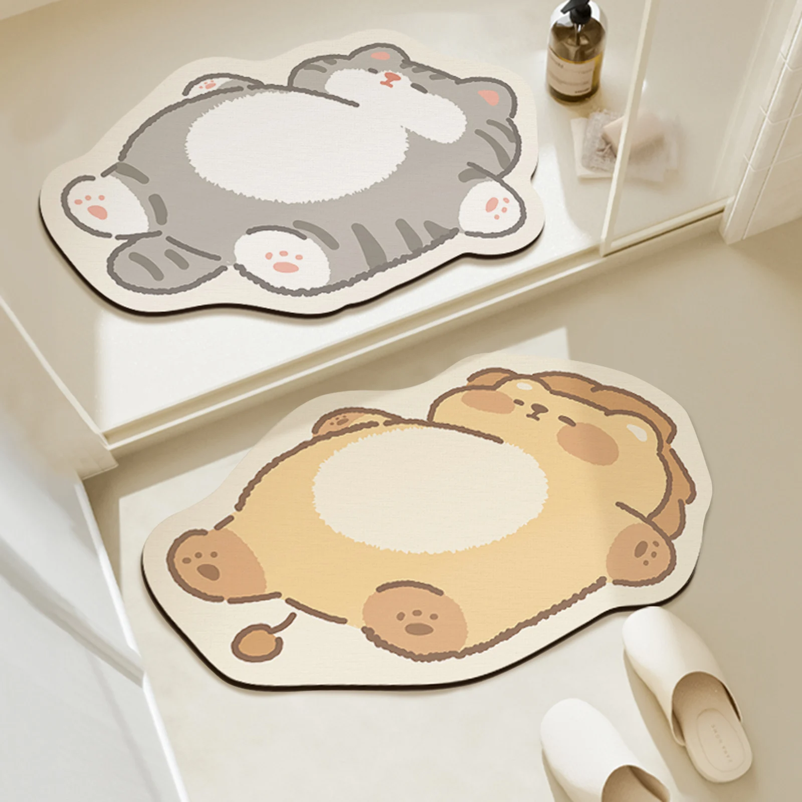 Rubber Material Super Anti-Slip Bathroom Mat, Quick-Absorbing and Quick-Drying Floor Mat, Cartoon Cat and Lion Pattern Doormat