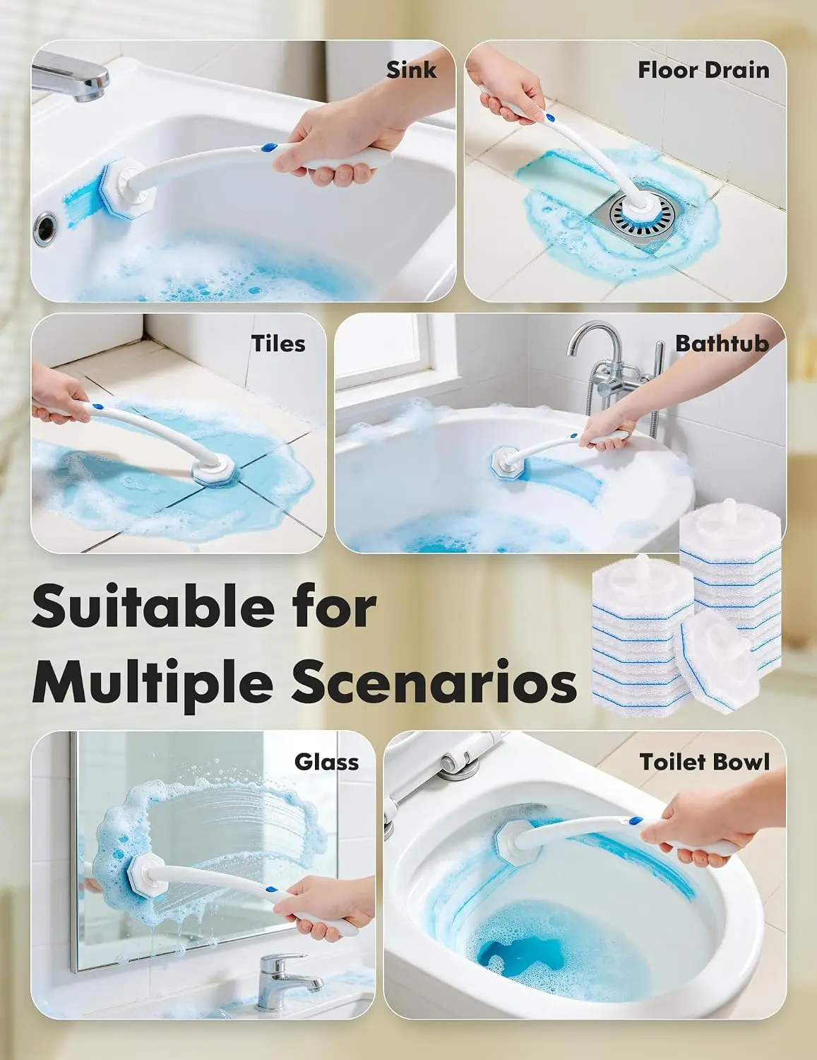 Disposable toilet brush replacement head, quick and powerful cleaning pad, suitable for bathroom, bathtub, sink, glass cleaning