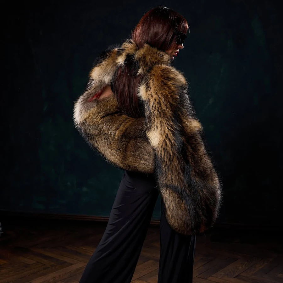 Manteau de fourrure de raton laveur véritable pour femme manteau de fourrure recadrée veste à manches doubles fourrure de raton laveur naturelle vêtements d'extérieur nouveauté veste d'épaule en fourrure