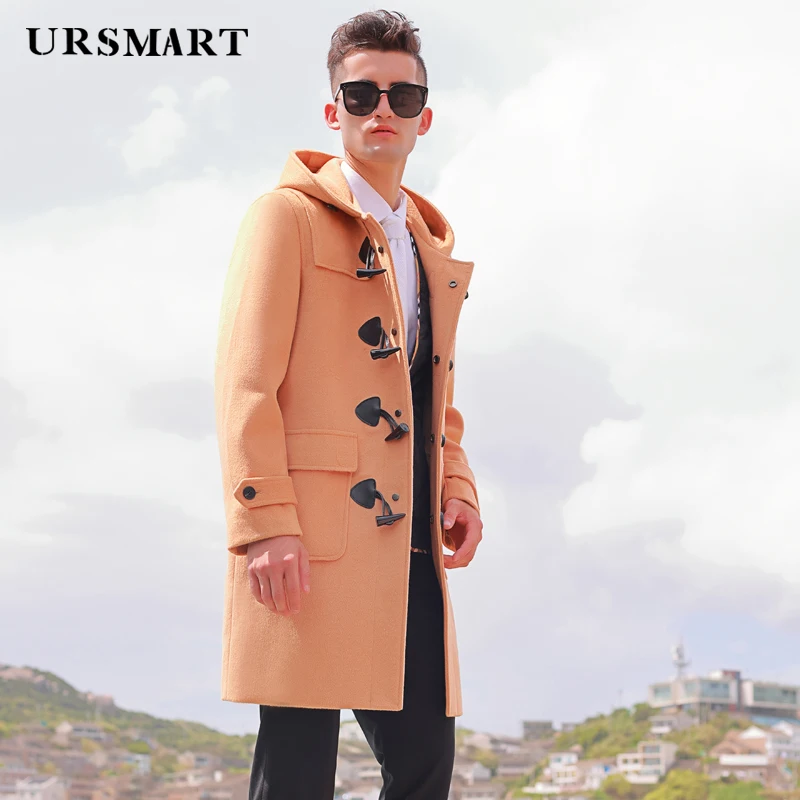 

2024 men's hooded horn button wool coat College style Korean winter thickened new camel fashion men's wool coat