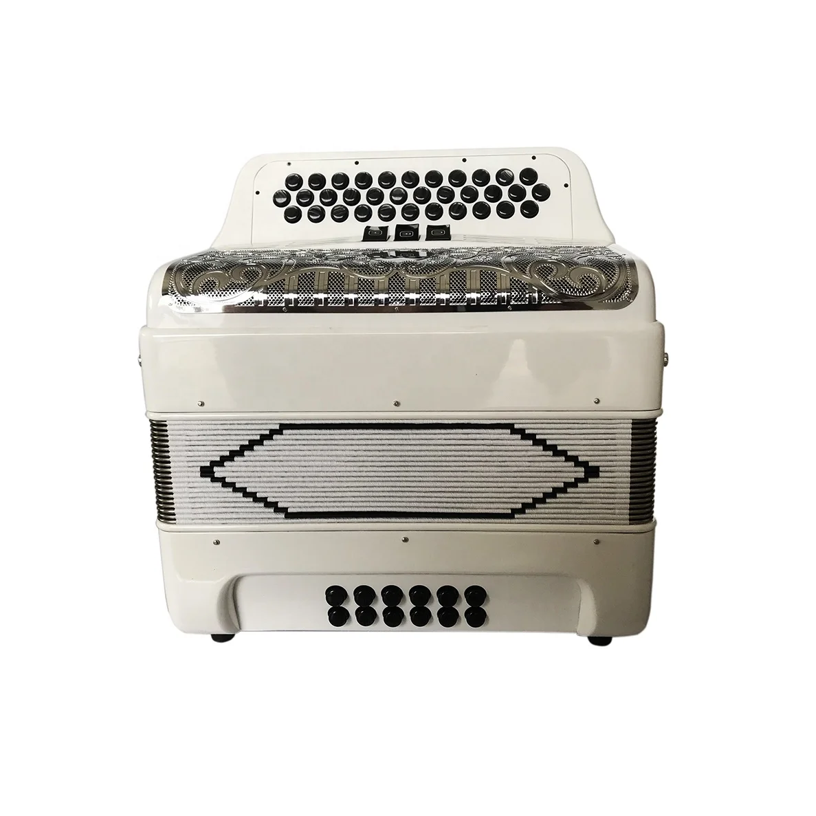 Professional Diatonic Accordion 34 Buttons 12 Bass 3 Registers Bright White Body with Silver Grill Black Buttons
