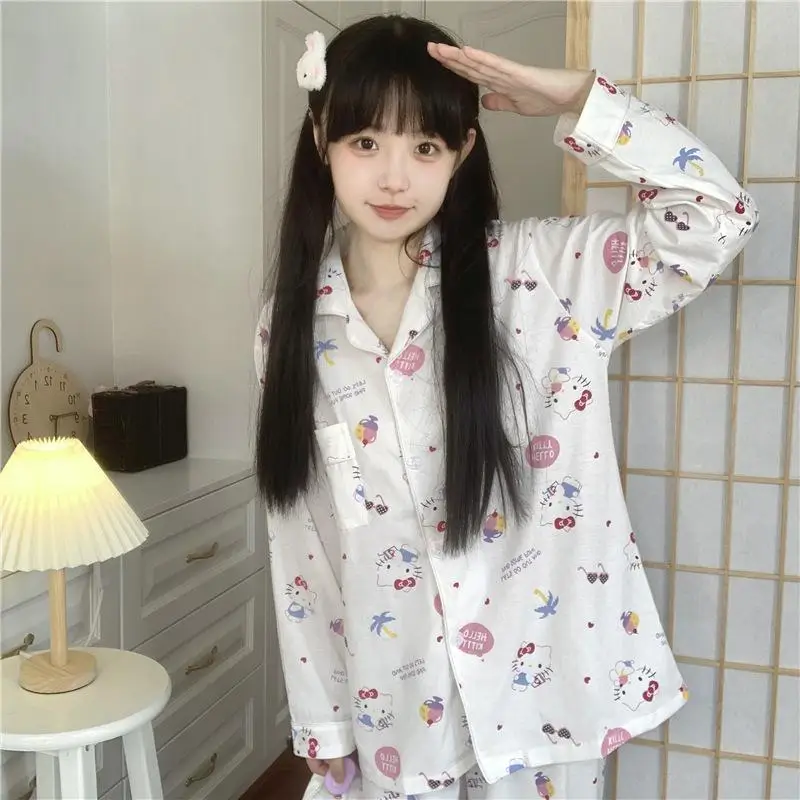 2Pcs Anime Sanrioed Hello Kittys Pajamas Kuromi Kawaii Cartoon Cinnamoroll Loose Sleepwear Pajamas Sets Home Clothes Girl Gifts