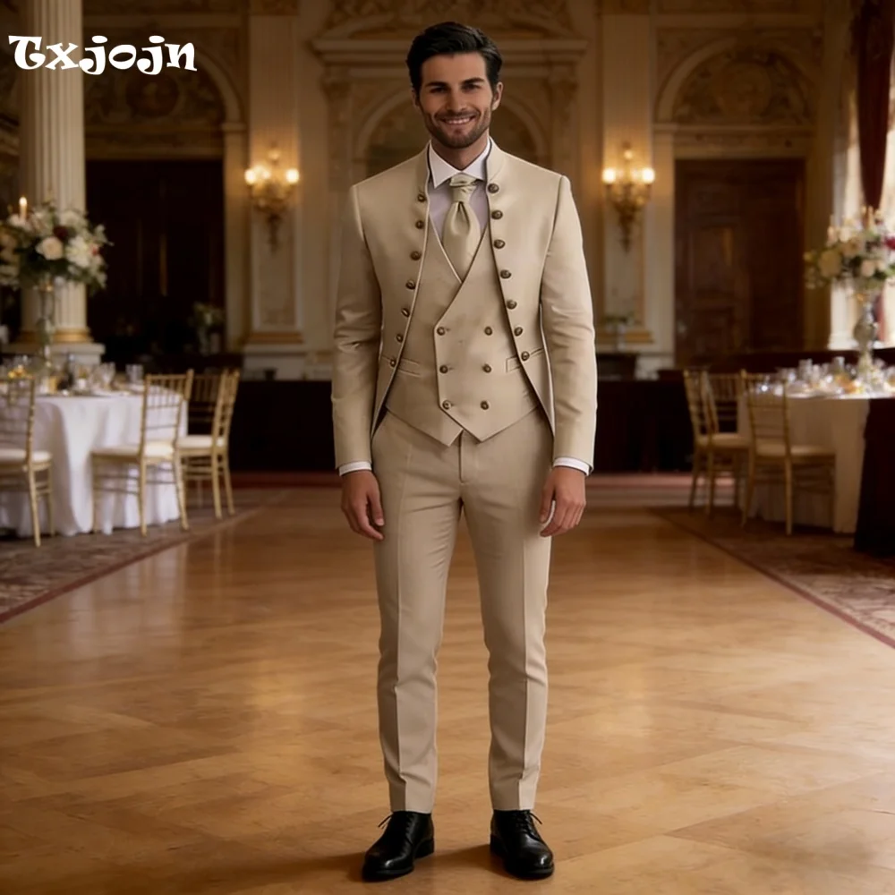 

Luxury Beige 3PCS for Men Stand Collar Tailored Slim Fit Ideal for European Royal Themed Galas 2026 Black Tie Celebrations