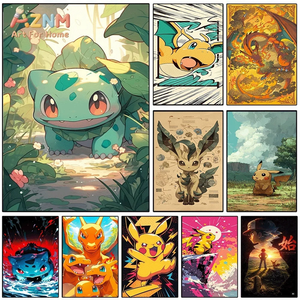 Anime Pokemon Bulbasaur Forest Scenery Canvas Wall Art, Lovely Cartoon Character Frameless Canvas Painting for Kids Bedroom Li