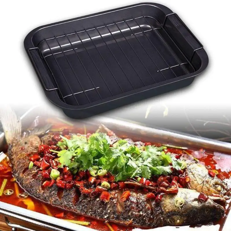 QX2E Non Grilled Fish Pan Baking Tray Cake Cheese Cookie Bread Plate with Rack