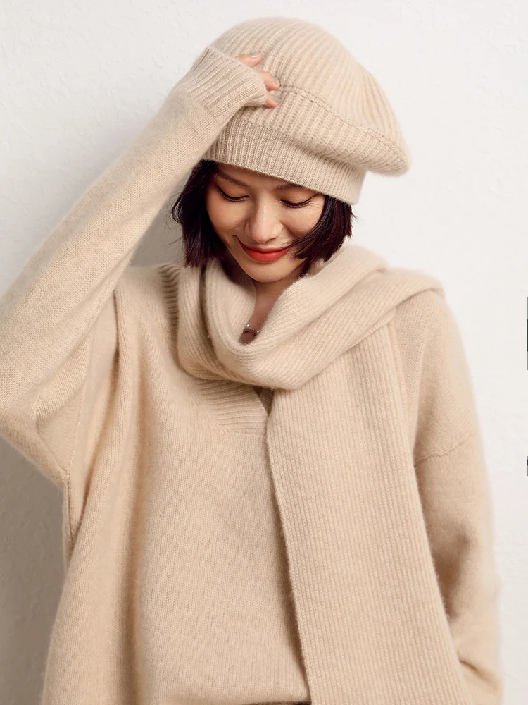 Yoyoselect 100% Cashmere Women's Beret Cap Autumn Winter Soft Cute Warm Hat Chic Cable Knitted Casual Headwear Elegant Versatile
