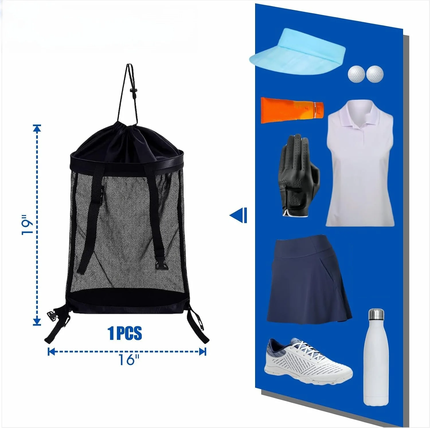 Golf Cart Mesh Storage Organizer 2 Pack with Reinforced Buckles and Drawstring Lock for Towels Clothing Umbrellas Water Bottles
