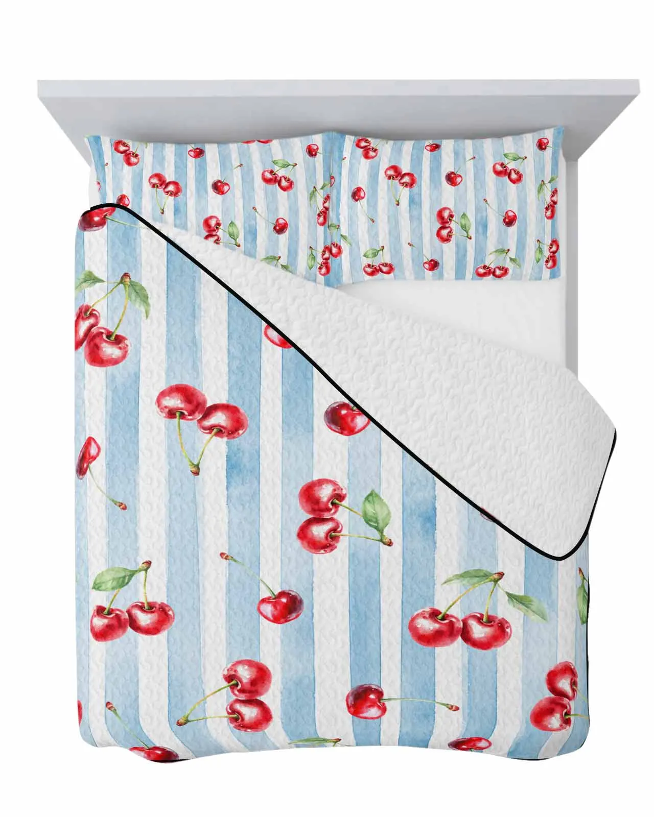 

Vintage Cherry Blue Watercolor Stripes Spring Summer Cooling Quilt Air Condition Blanket Comfortable Lightweight Bedroom
