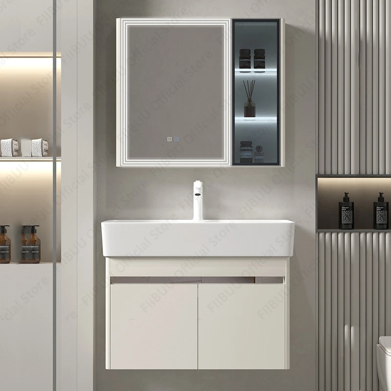 Luxury Bathroom Vanities Cabinet with Ceramic Wash Sink Basin Combo Wall Mounted Floating Cabinet with Mirror Cabinet Faucet Set