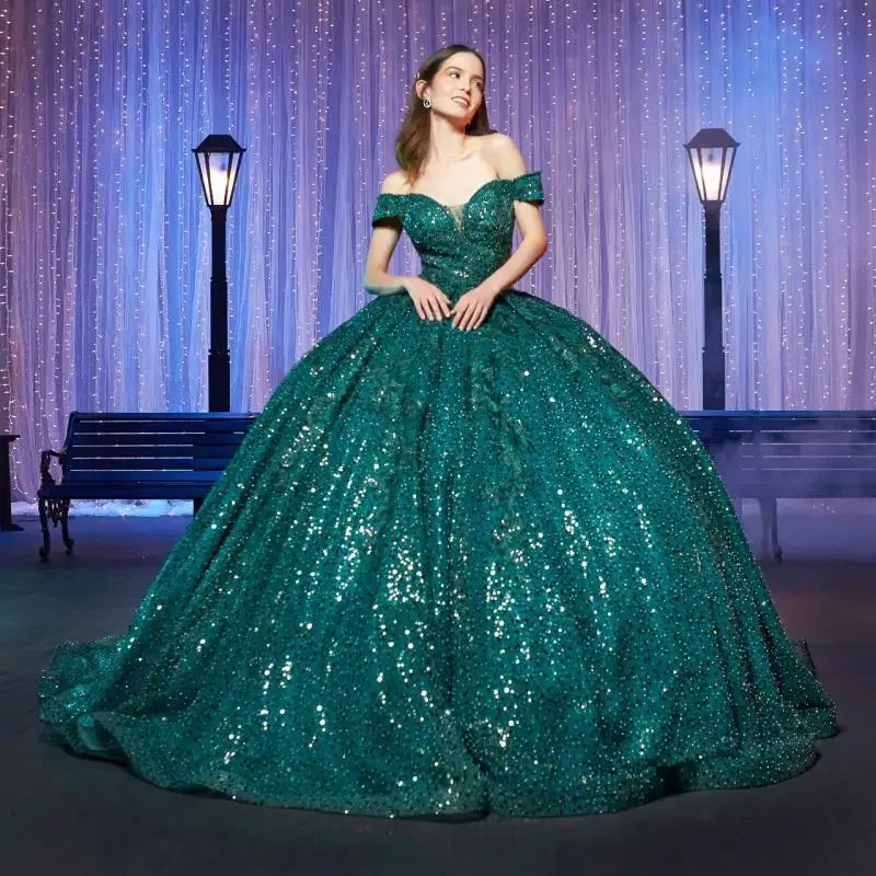

Customized Teal Shiny Princess Quinceanera Dresses Ball Gown Off The Shoulder Sequins Sweet 16 Dresses 15 Años Mexican