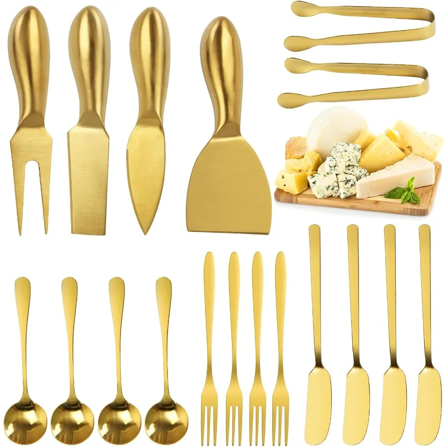 

18-компонентный набор аксессуаров для досок для шариков из золотой нержавеющей стали, включая сырные ножи, разбрасыватель масла, аппликатор, вилки mini s