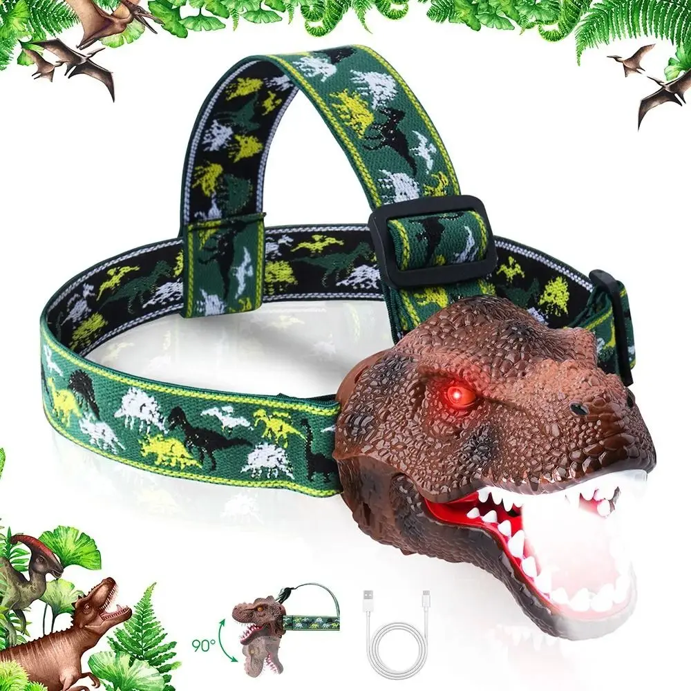 Adjustable Kids Dinosaur Headlamp Flashlight Roaring Dino LED Camping Gear Simulation Dinosaur USB Rechargeable