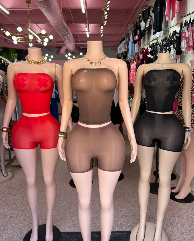 

2026 Women Boutique Trendy Fashion 2 Piece Sets Hot Sexy Strapless Tube Mesh Crop Tops Mini Shorts Set Midnight Party Club Suits