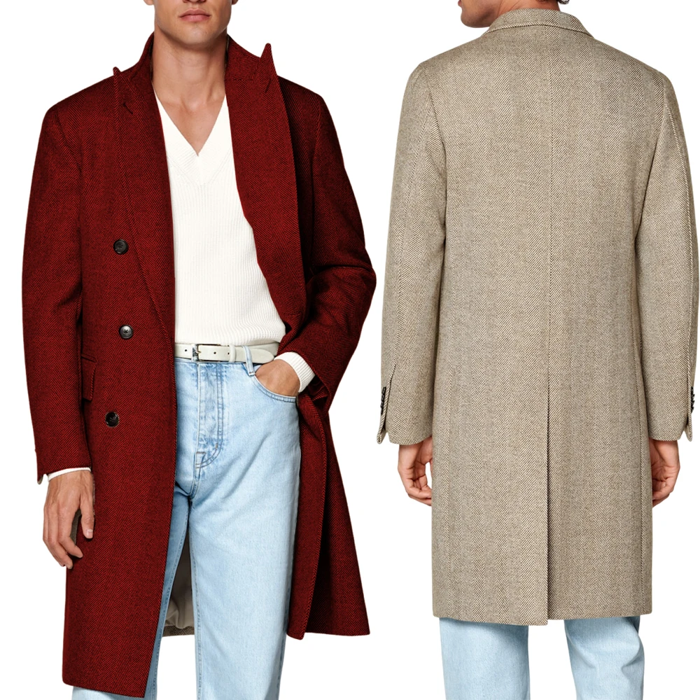 

Herringbone wool blend men's suit Jacket Italian retro men's casual long coat Single breasted trench coat style coat