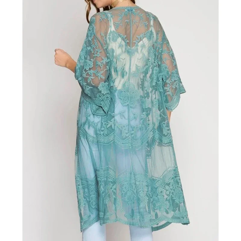 Bikini con bordado de encaje para mujer, cárdigan elegante holgado y fino con protección solar de estilo francés, ropa de playa Sexy para mujer 2025