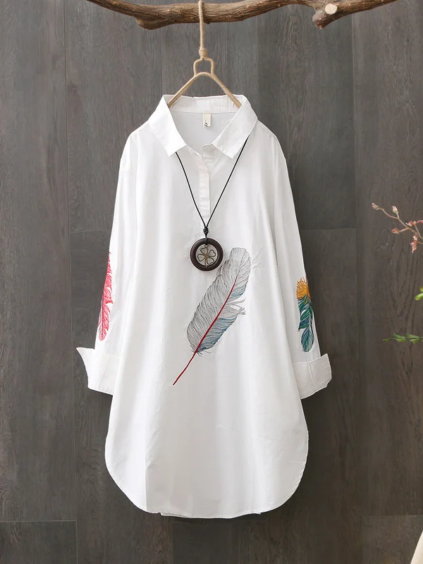 

Свободный длинный топ све с вышивкой перьями, женский художественный топ средней длины, корейский топ для поездок на работу