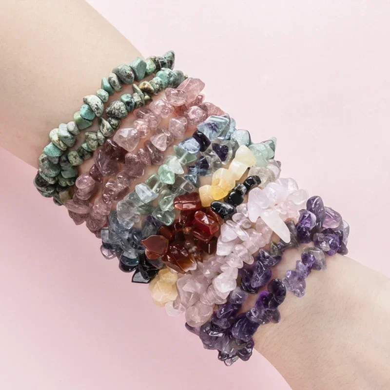 Natural Crystal Crushed Stone Bracelet Irregular Reiki Lucky Elastic Bracelet Ladies Fashion Strawberry Crystal Amethyst Jewelry