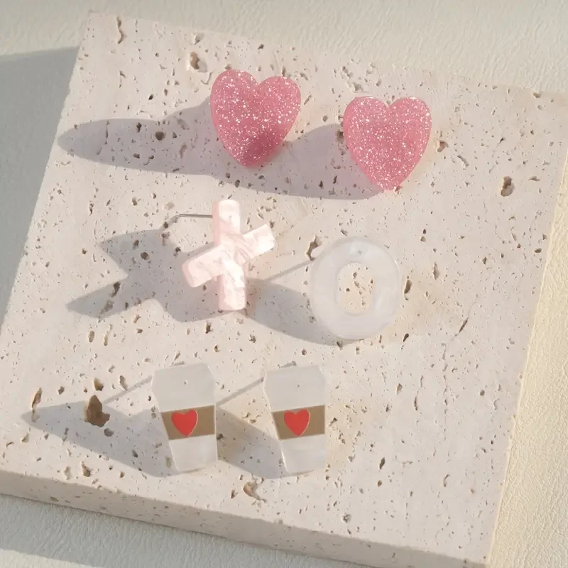 Afbeelding 4: 3-delige vintage schattige acryl oorbellen set, glitter roze hart en XO koffiekopje ontwerpen, roestvrijstalen palen elegante mode Je