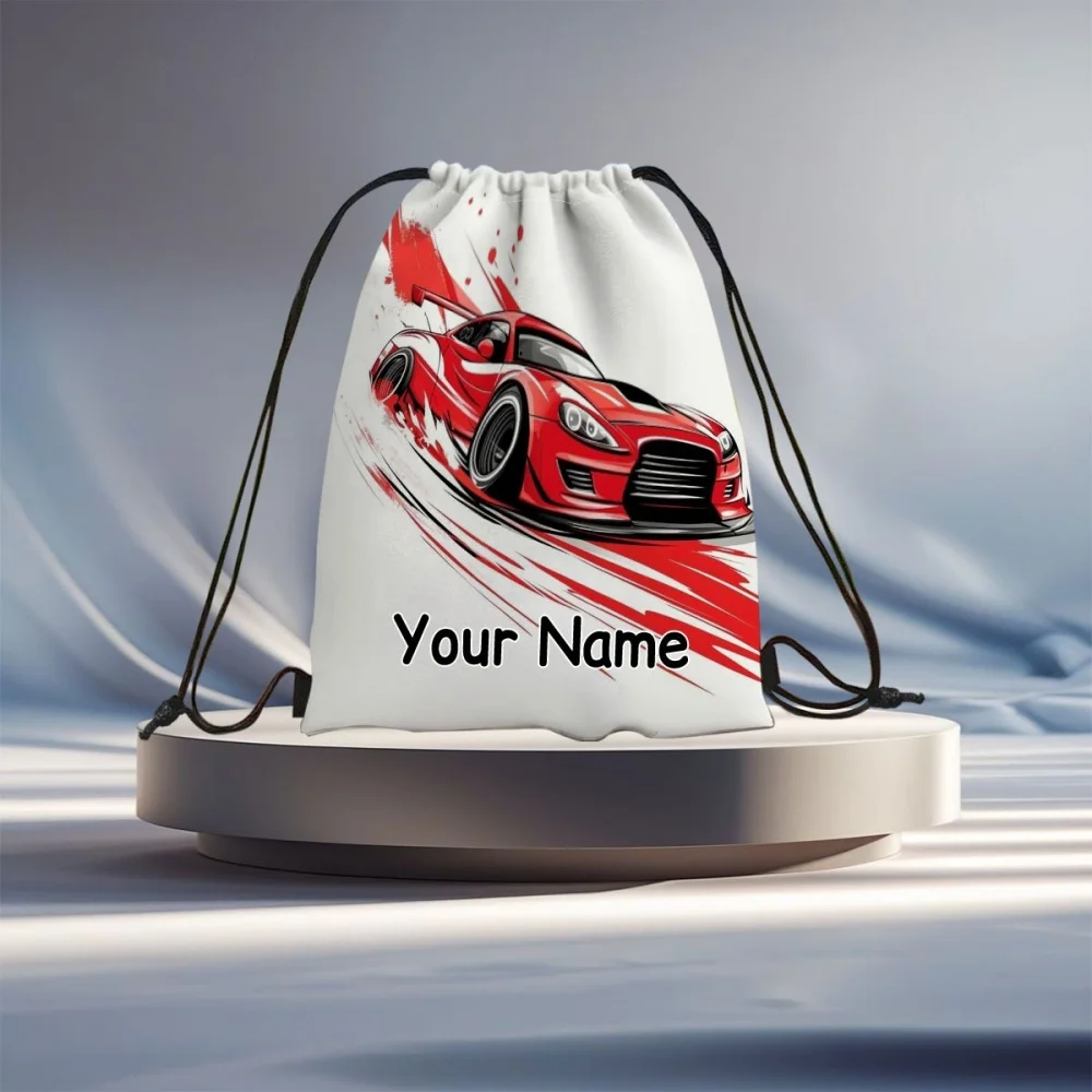 1Pc Custom Name Text Red Racing Car Pattern Drawstring Backpack, Portable Drawstring Bag, Suitable for Gym, Travel, Sports